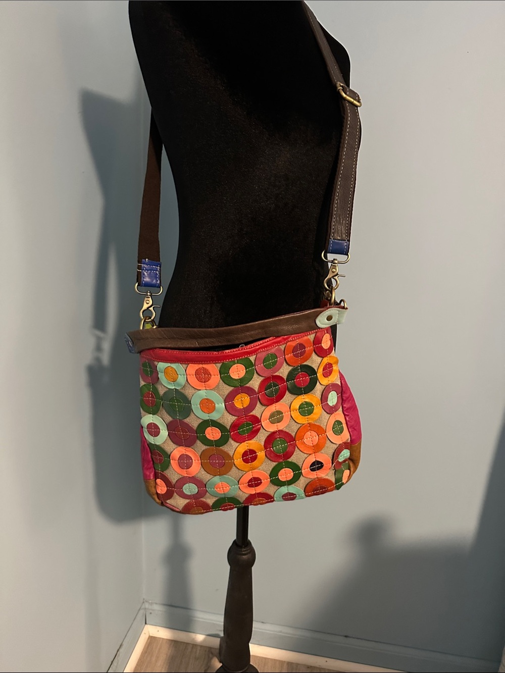 Multicolor Circle-Print Crossbody Bag with Brown Strap